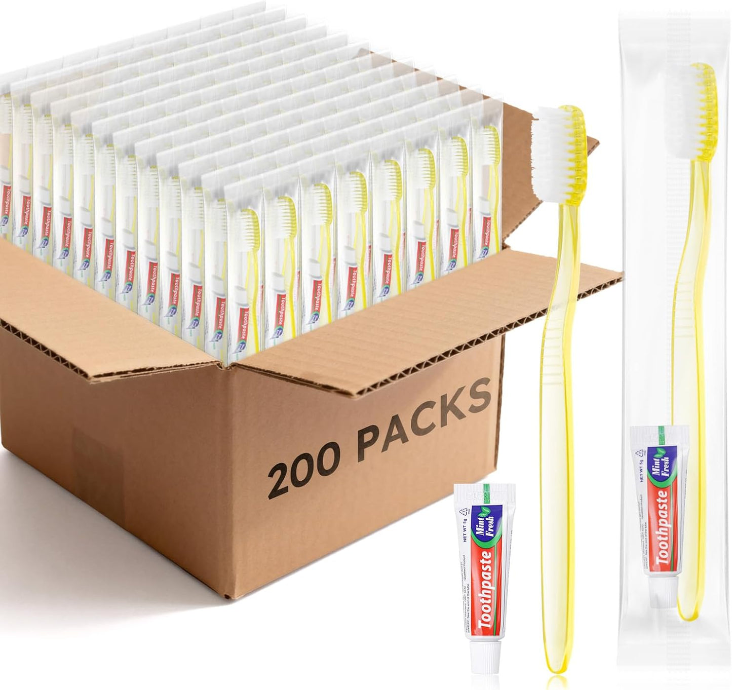 Disposable Toothbrush Set with Toothpaste - Individually Wrapped Travel Size Medium Soft Bristles | 200 Pack for Hotels, Travel & Donations