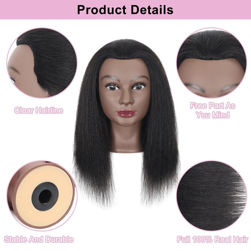 Lamcestyr Mannequin Head with Long Black Hair, Clamp Stand and DIY Hair Styling Set for Braiding Hair Styling (2#, 16 inches)