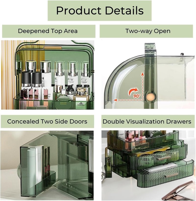 Makeup Organizer, Waterproof & Dustproof Cosmetic Display Cases with 2-Layer and Transparent Cover, Skincare Display Boxes,Makeup Caddy Holder for Vanity Countertop, Bathroom, Dresser, Bedroom, Green