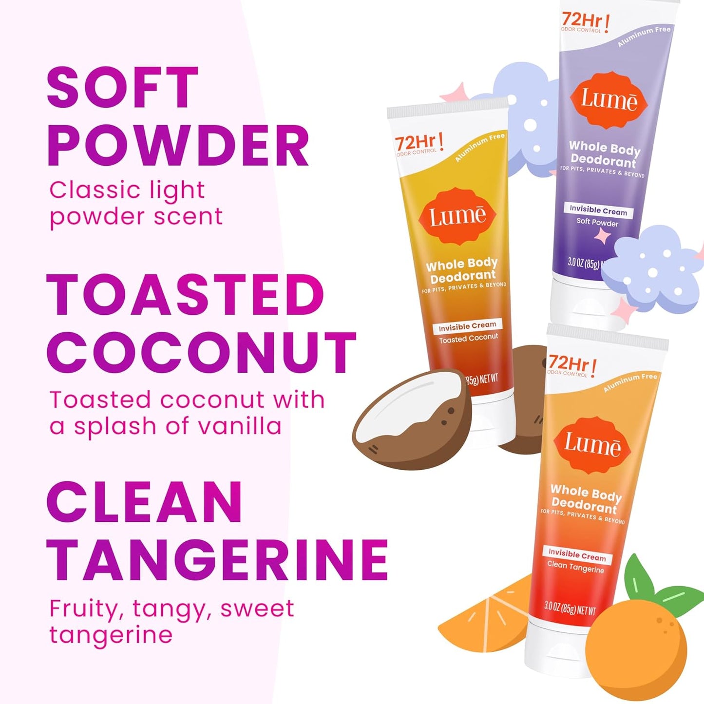 Lume Whole Body Deodorant - 72-Hour Odor Control Cream | Aluminum-Free, Skin Safe - 3 Pack (Toasted Coconut, Soft Powder, Clean Tangerine)