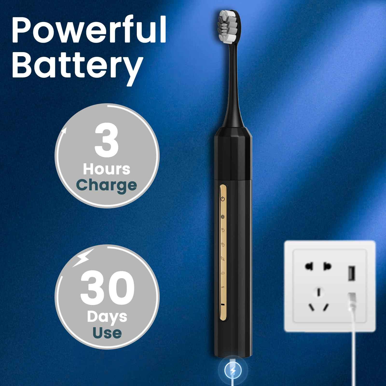 Lumivoid Sonic Electric Toothbrush with 10 Brush Heads for Adults and Children, Up to 30 Days on a Single Charge, 5 Modes, Built-in 2-Minute Smart Timer, IPX8 Waterproof Electric Toothbrush (Black)