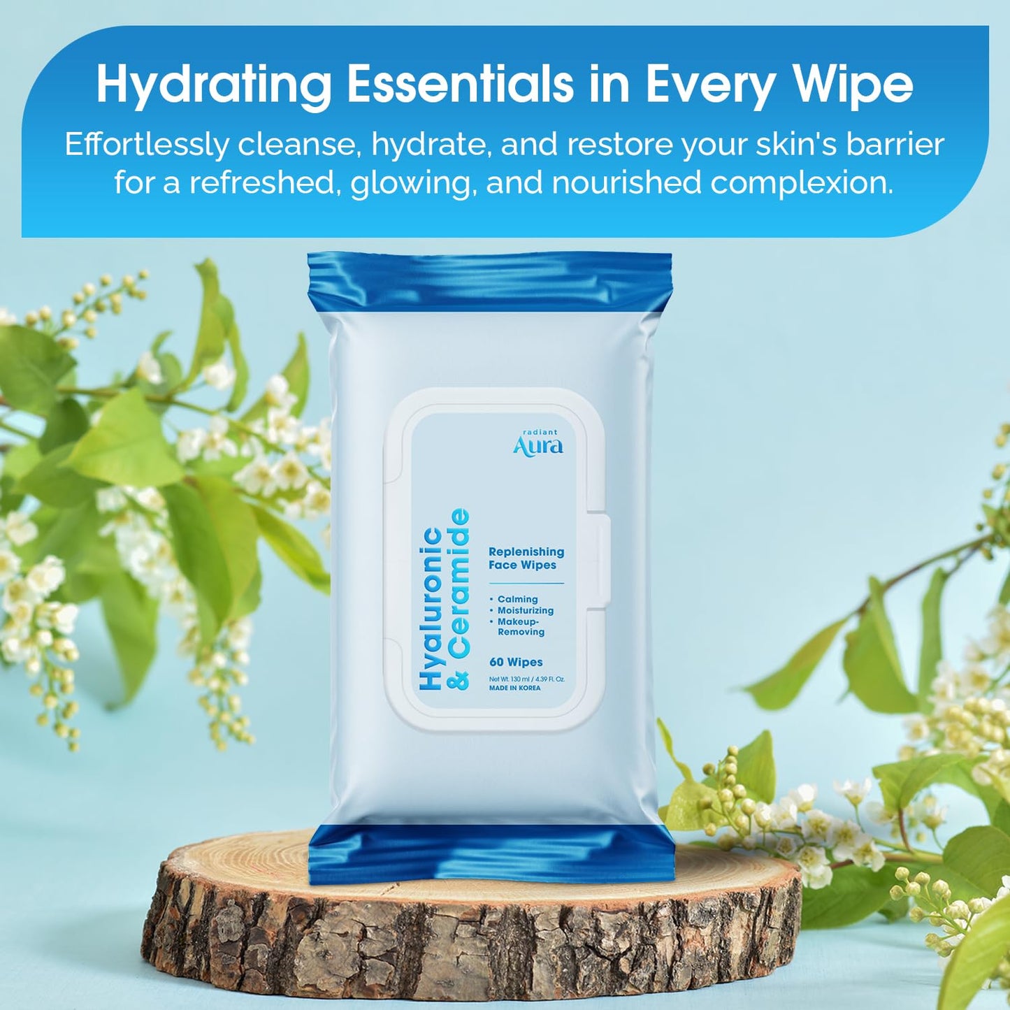 Radiant Aura Hyaluronic Acid & Ceramide Face Wipes – Dermatologist Tested, Anti-Aging, Korean Skin Care – Removes Makeup, Deep Hydration, Strengthens Skin Barrier – Vegan, Clean Beauty – 240 Count