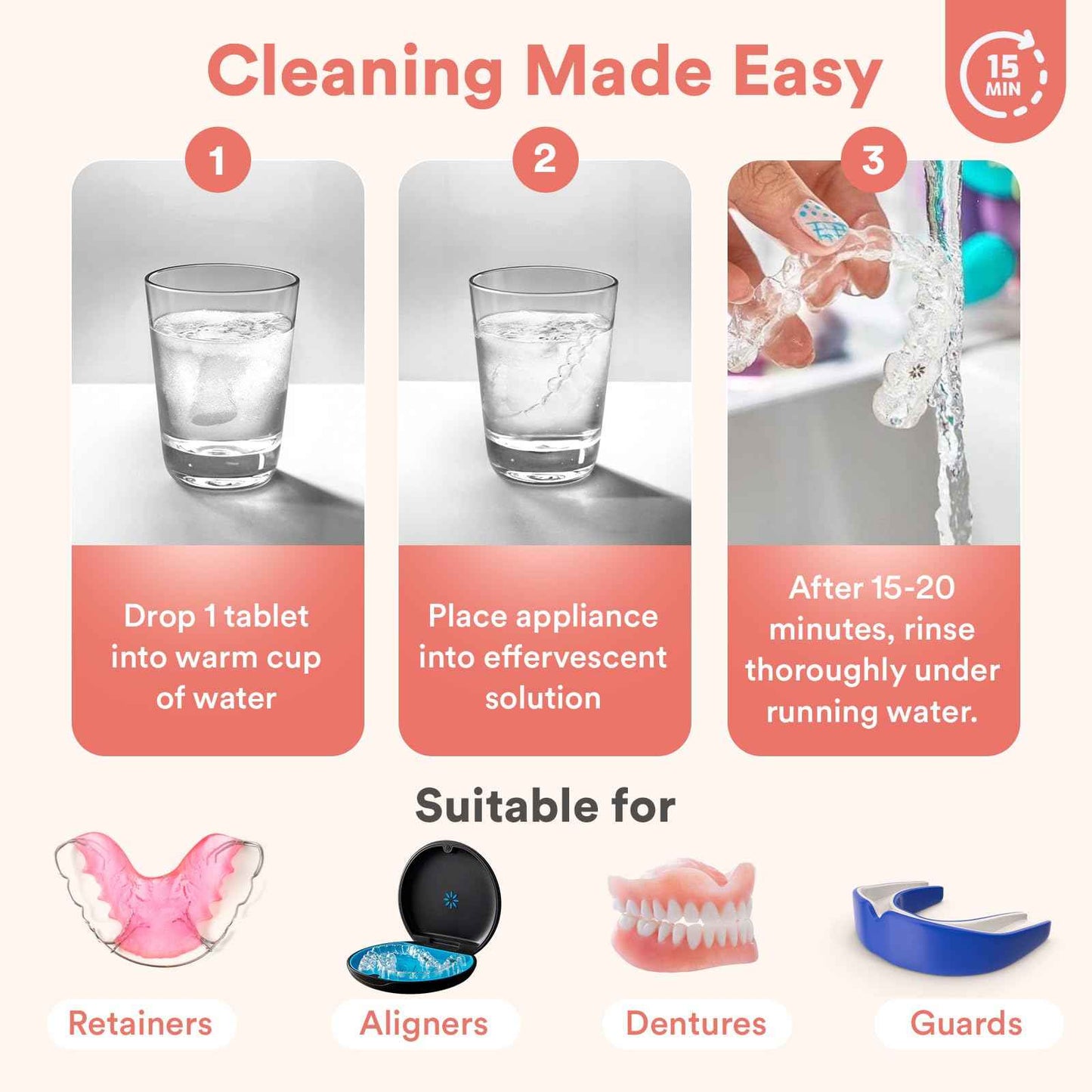 Weiss Naturals Retainer Cleaning Tablets, Invisalign Cleaner, Remove Stains, Odors & Plaque, FSA & HSA Eligible, Night Guard Cleaner PERSULFATE & DYE-FREE 2-Month Supply, Denture Cleaners, 60 Tablets