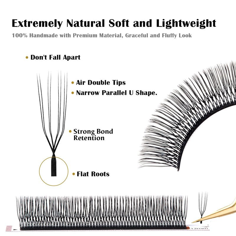 DeceMars 8D U Shaped Eyelash Extensions Easy Fans Double Tips 4D Russian Volume Crisscross Eyelashes Natural Soft YY Lash Extensions Handwoven Mesh Wispy Clusters Matte Black-0.07mm-D-8-15mm Mix
