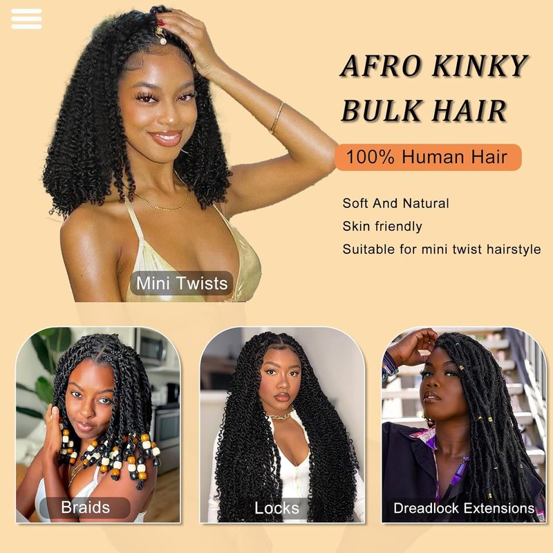 Afro Kinky-Curly Human Hair Bulk - 18 Inch for Braiding & Mini Twists | 1B Color, 35g/Pack
