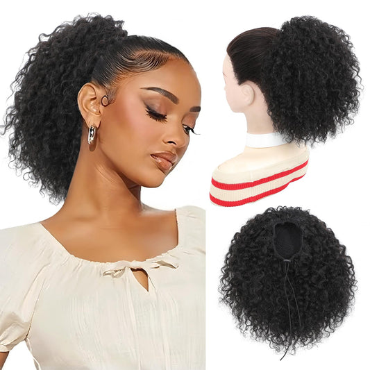 Urbeauty Drawstring Curly Ponytail Extensions Pink Mango Protein Silk Fiber Human Hair Soft Feeling Afro Kinky Curly Hair Puff Pony tails Lightweight, Soft Natural Budget for Daily Styles