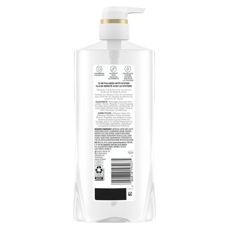 Pantene Shampoo, Sheer Volume - 72-Hour Fullness, Lightweight Nourishment with Pro-Vitamin B5 + Antioxidants, Fine, Thin, Color-Treated Hair, Paraben Free, Remove Build Up for Body & Shine, 27.7 Fl Oz