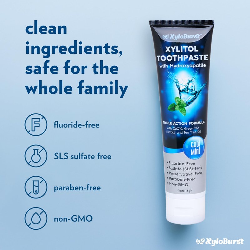 XyloBurst Hydroxyapatite Toothpaste with Xylitol - Fluoride-Free Hydroxyapatite Toothpaste, SLS-Free, Paraben Free, Cruelty Free, Made in the USA, Cool Mint, 4 oz Tube (3 Tubes)