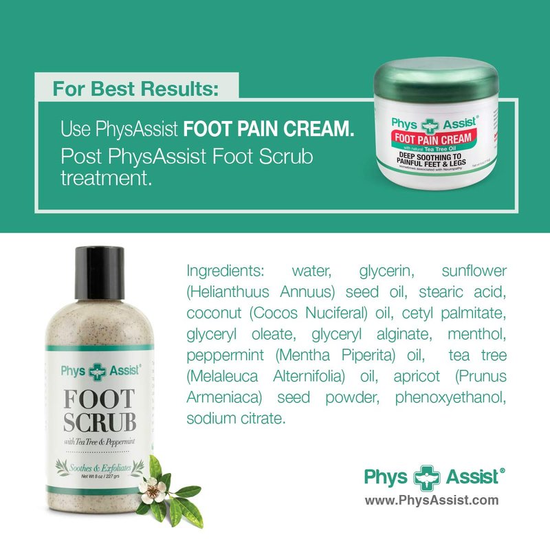 PhysAssist Foot Scrub | 8 oz. Tea Tree & Peppermint Exfoliating Formula for Soothing, Refreshing Feet