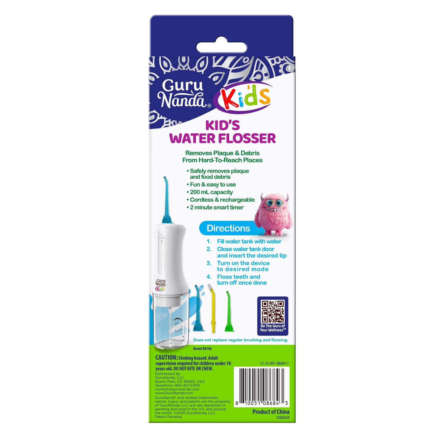 GuruNanda Kids Water Flosser – Portable Oral Irrigator for Children Ages 6+, 4 Gentle Modes, 4 Nozzles, 2-Min Smart Timer, Cordless, BPA-Free, Monster Frens Theme Kids Floss for Braces, Sensitive Gums