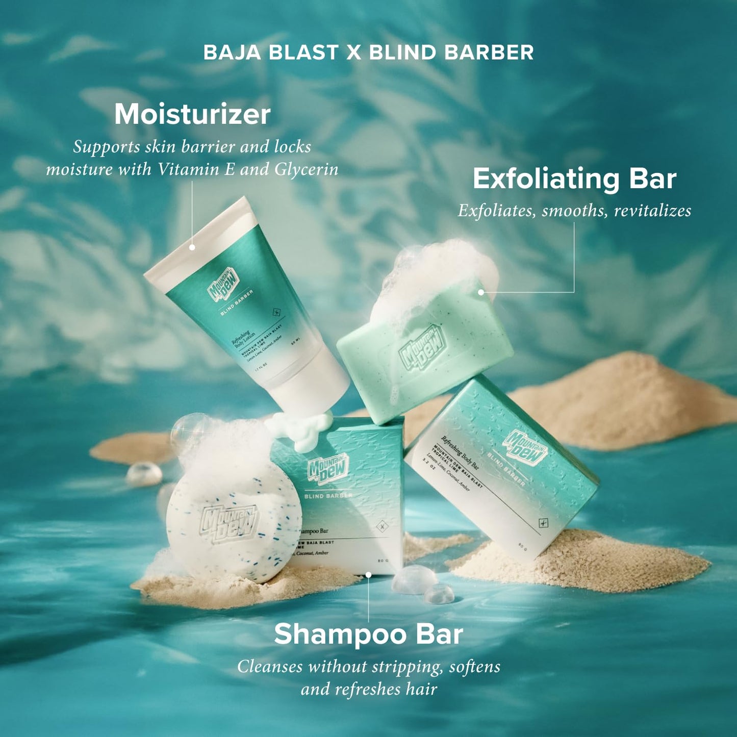 Blind Barber x Baja Blast Refreshing Shower Set - Includes Body Lotion, Exfoliating Bar Soap & Bar Shampoo - Limited Edition Body Skin Care Products with Citrus Fiesta Tropical Lime Scent (3 Pieces)