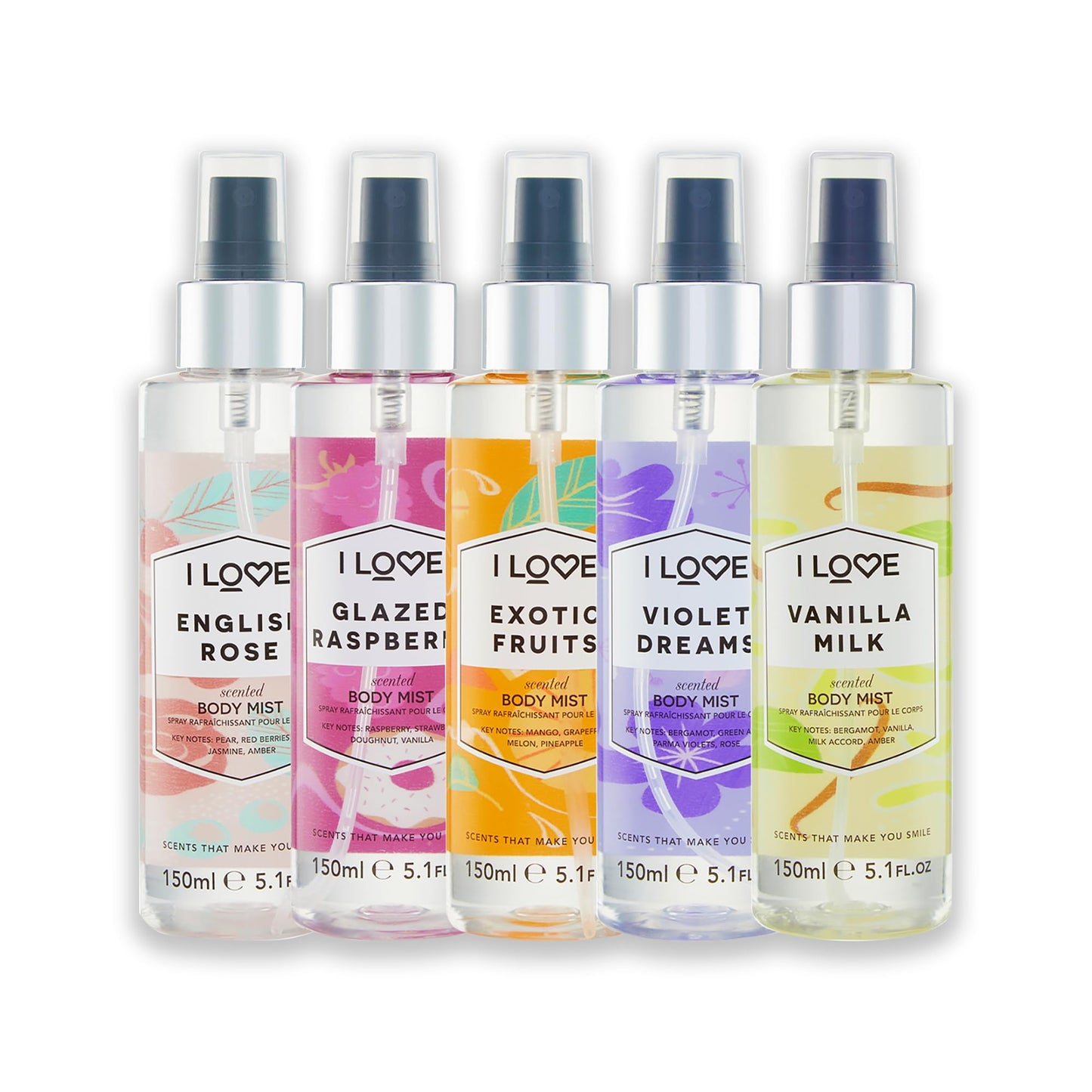 I Love Cosmetics Body Mist Gift Set - Glazed Raspberry, Violet Dreams, English Rose, Vanilla Milk, and Exotic Fruit - Long Lasting Body Sprays - 5 pc