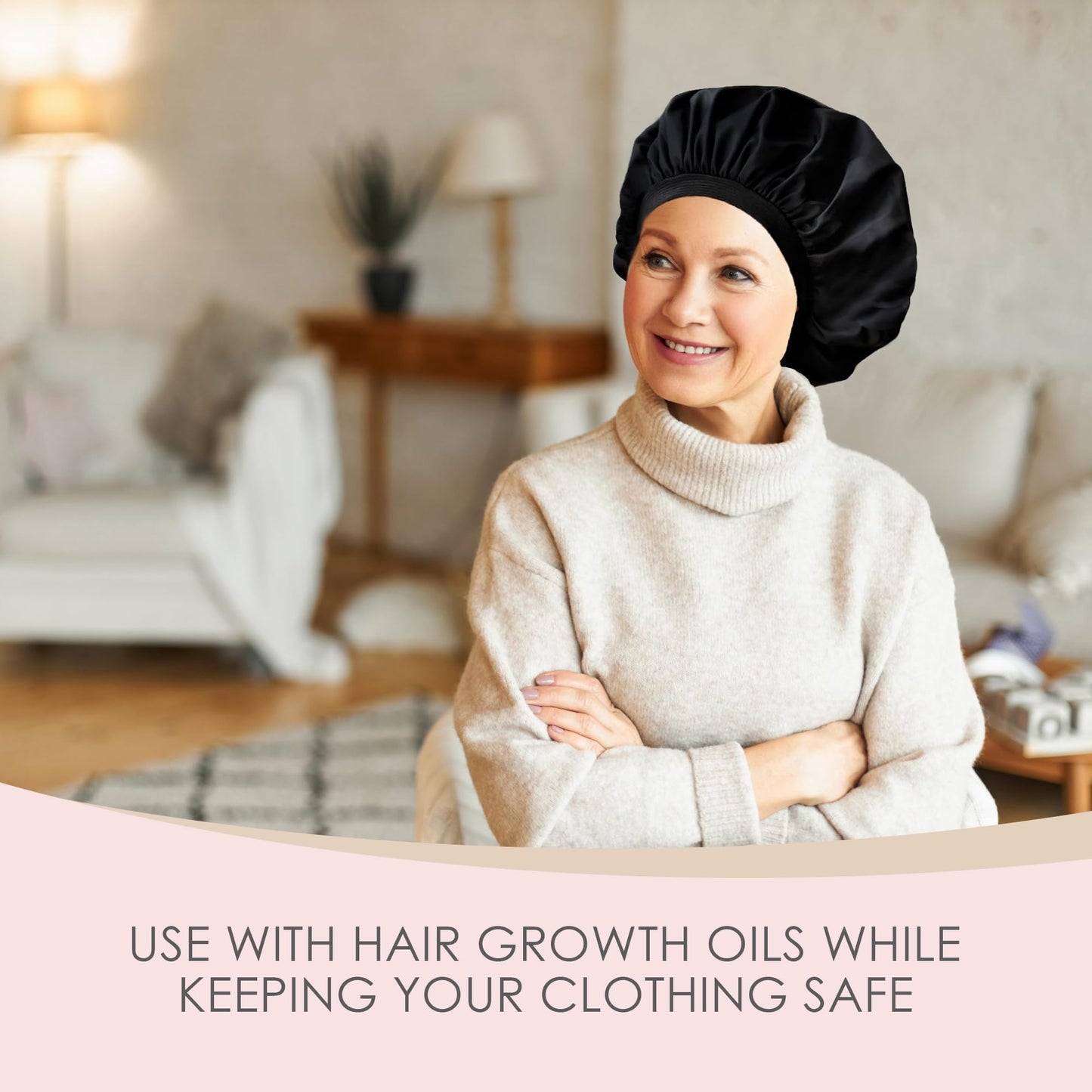 Only Reusable Oil Proof Nightcap, Protective Hair Bonnet and Shower Cap Too. Leakproof, Oilproof, and Waterproof. Larger Area to Accommodate Long Hair, Comfort Elastic Band (Small to Medium), Black