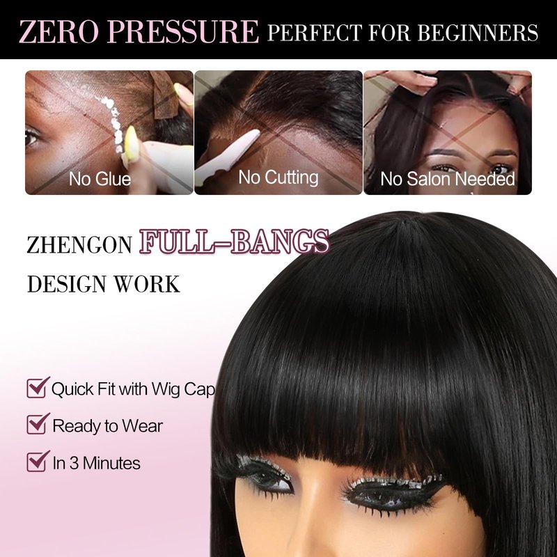 ZHENGON Bob Wig with Bangs Human Hair Wig Silky Straight Glueless Wigs Human Hair Ready to Wear and Go for Beginners 12Inch