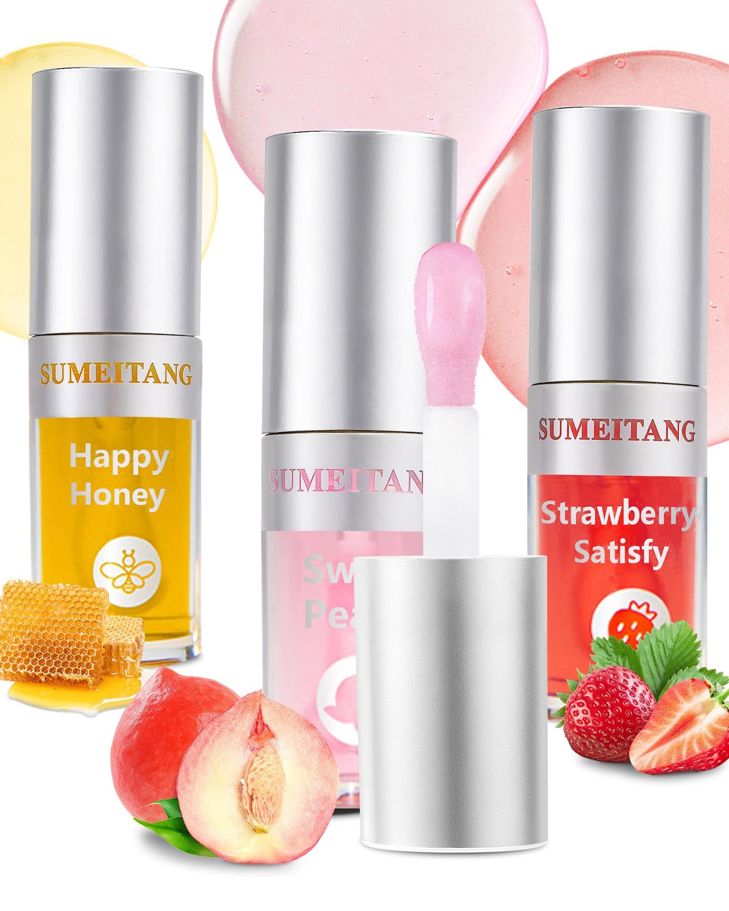 SUMEITANG 3Pcs Hydrating Lip Oil Set，Non-sticky Lip Oils Gloss Lip Balm Lip Care，Deeply Nourishing and Repairing Prevents Lips Chapped and Lighten Lip Lines(Honey，Peach，Strawberry)