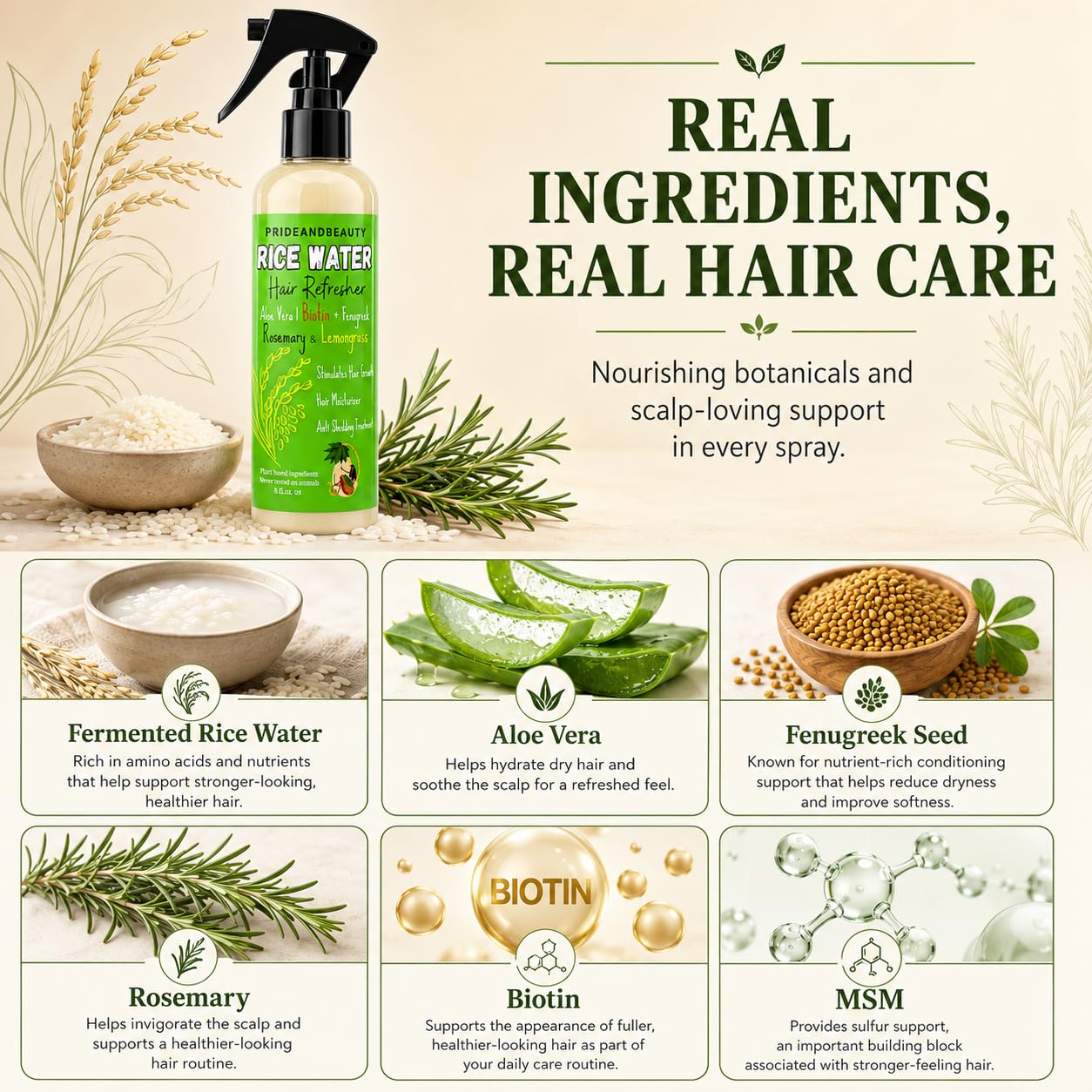 PrideandBeauty Fermented Rice Water Hair Refresher – Infused with Rosemary, Biotin, Caffeine & Keratin – Strengthens, Reduces Breakage, Hydrates & Softens – Non-Greasy Leave-In for All Hair Types