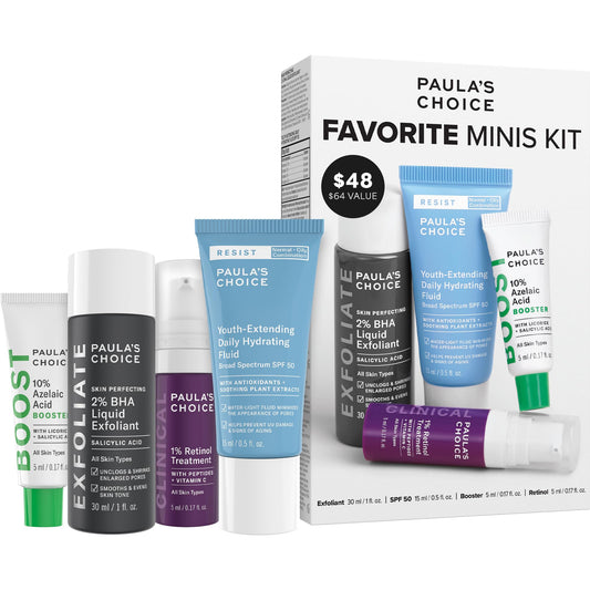 Paula's Choice Favorites Mini Kit, 4 Piece Set Includes 2% BHA Exfoliant, 1% Retinol Treatment, 10% Azelaic Acid Booster, Youth Extending SPF 50 Moisturizer, Travel Skin Care Set for Glowing Skin