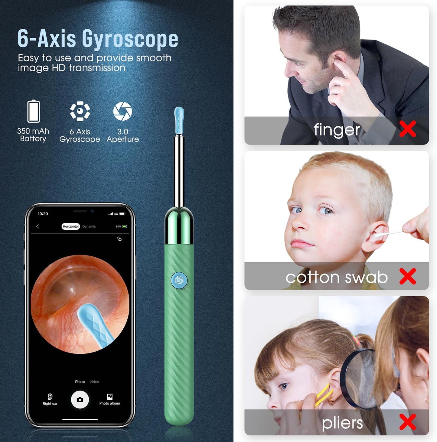 LEIPUT Ear Wax Removal - Earwax Remover Tool with 8 Pcs Ear Set - Ear Canal Cleaner with 1080P Camera - Ear Cleaning Kit with 6 Ear Spoon - Ear Camera for iOS & Android (Green)