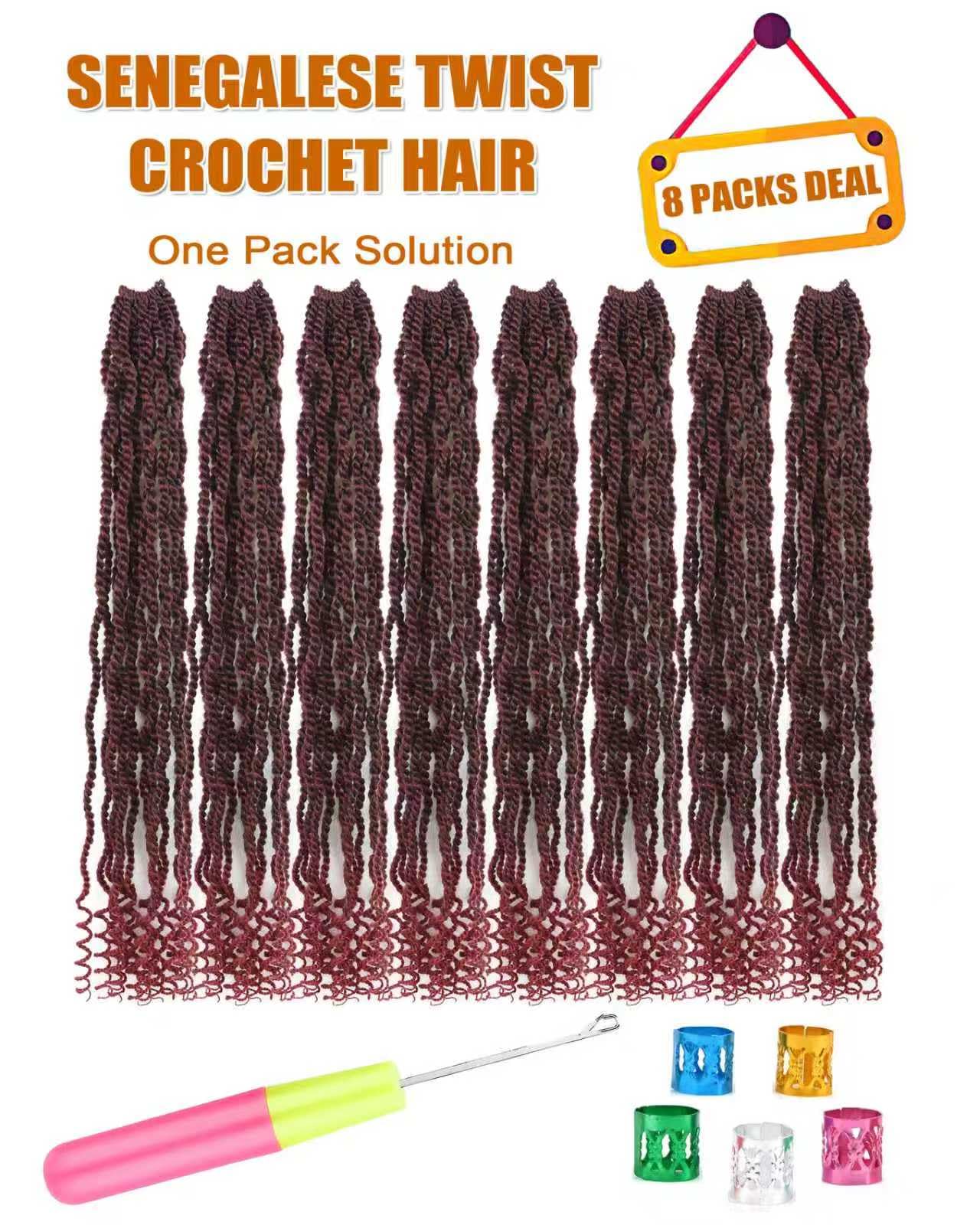 Burgundy Senegalese Twist Crochet Hair for Black Women 24 Inch 8 Packs Pre Looped Kinky Twists Crochet Braids with Curly Ends Short 2 Strand Rope Twists (Tbug)