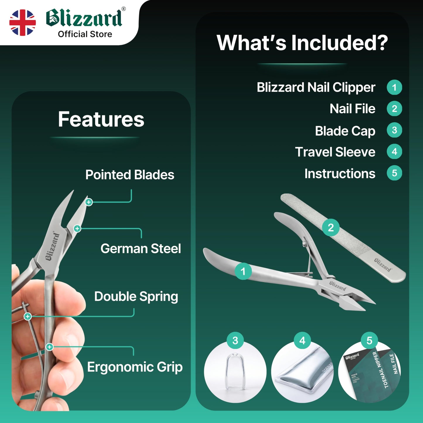 Blizzard Ingrown Toenail Clippers - Podiatrist Toenail Clippers for Thick Nails for Seniors - Ingrown Nippers for Men - German Steel Podiatry Tool with Toenail File - 13cm Arrow Head