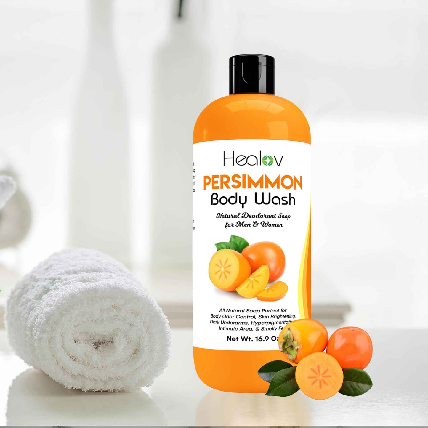 Healov Persimmon Body Wash for Body Odor Control – Purifying Deodorizing Soap for Eliminating Odor – Underarms, Intimate Inner Thigh, Bikini Area, Smelly Feet – Natural Deodorant Soap, Kids Safe