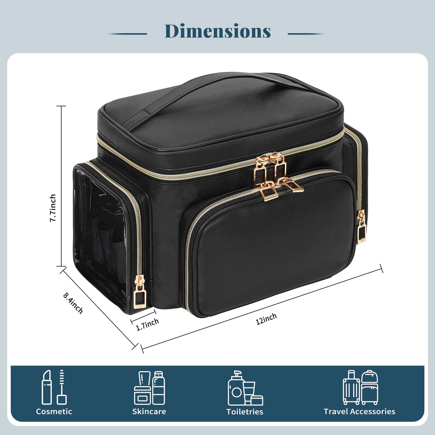 Large Makeup Bag with LED Mirror, Travel Makeup Bag Organizer for Women Girls with Makeup Brush Compartment & Two Side Pockets, 3 Color Lights Cosmetic Toiletry Bag- Leather Black