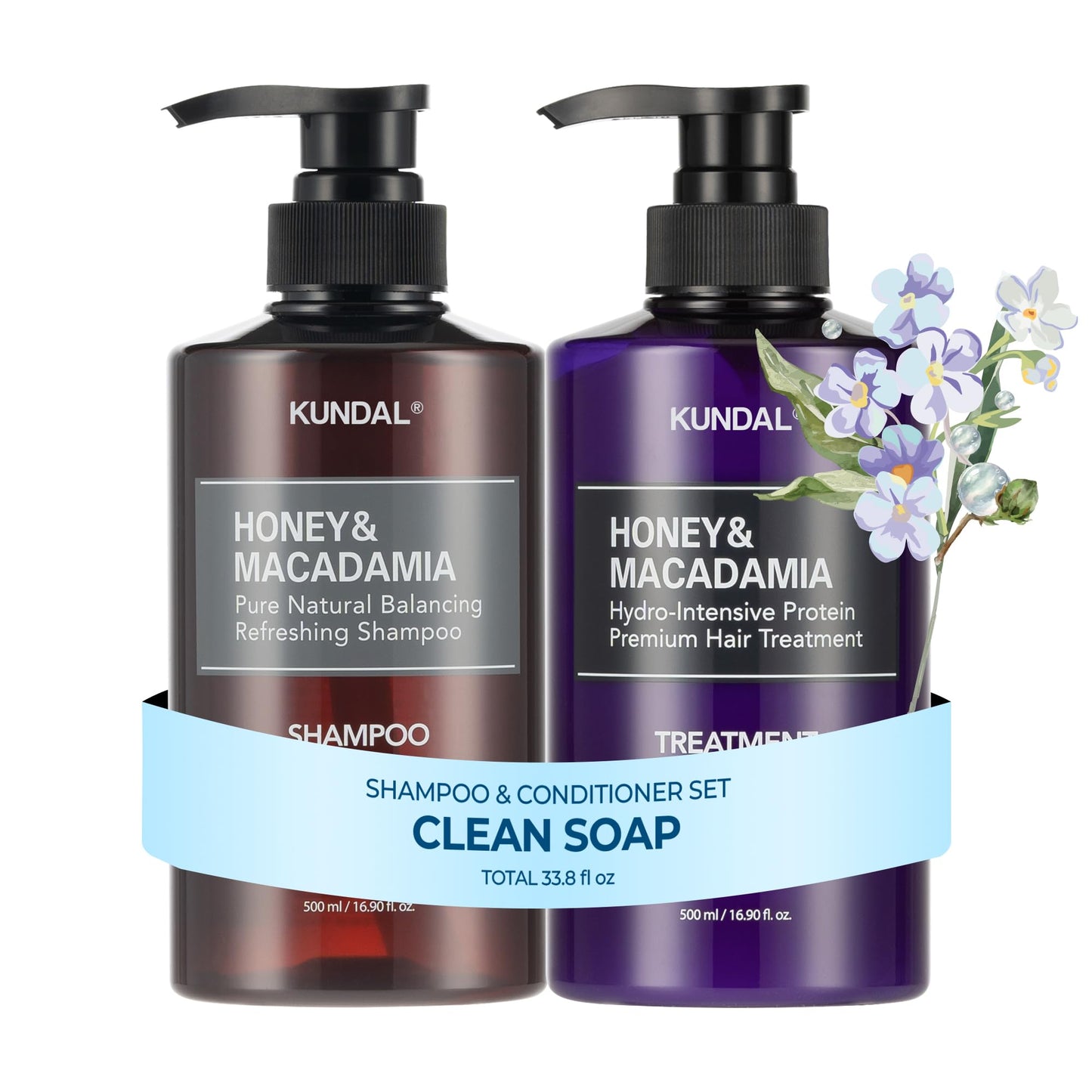 KUNDAL Honey & Macadamia Korean Hair Care Shampoo & Conditioner Set, Clean Soap, 16.9 Fl Oz, Pack of 2 - Salon Quality, Helps Hair Feel Moisturized Argan Oil Sulfate Free Formula, Long Lasting Scent