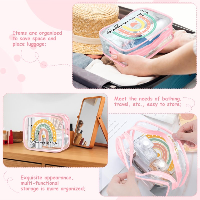 Hillban 12 Pcs Rainbow Clear Makeup Bag for Women Inspirational Quotes PVC Waterproof Cosmetic Bags Appreciation Travel Toiletry Pouch Gifts for Teacher Student Adults(Pink)