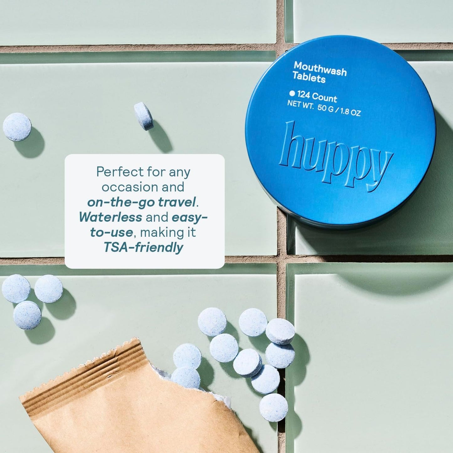 Huppy Mouthwash Tablets - Nano Hydroxyapatite, Alcohol & Fluoride Free | Natural Fresh Breath, Travel-Friendly, 124 Count