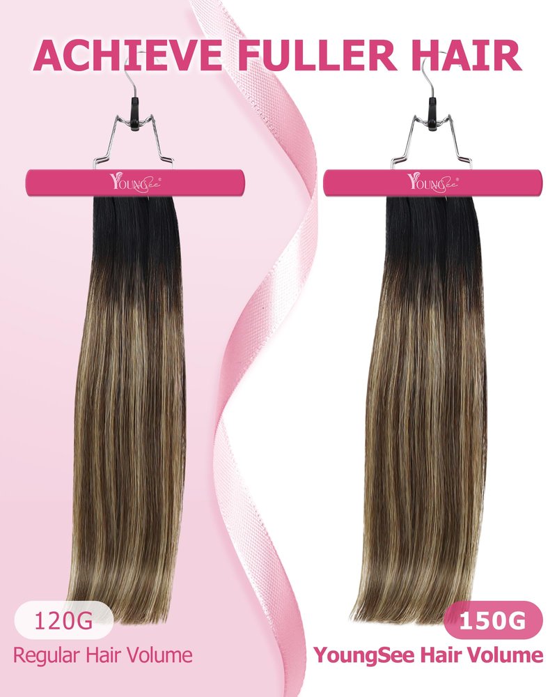 YoungSee 18 Inch Ombre Clip in Hair Extensions 120G Balayage Clip in Human Hair Extensions Natural Black Ombre Dark Brown Mix Blonde, Can Be Heat-styled Clip ins Extensions for Women At Home 7Pcs