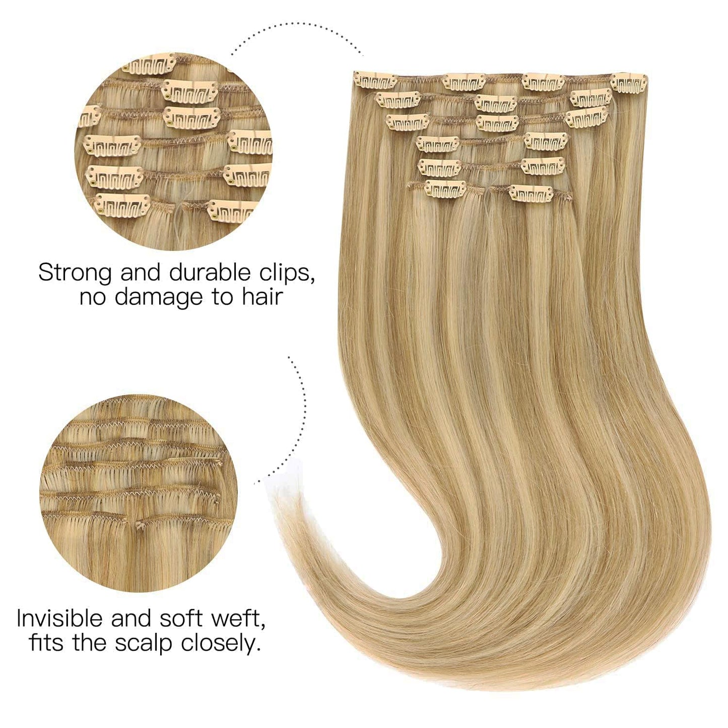 HOTBANANA Human Hair Clip in Hair Extensions, Balayage Light Blonde Highlighted Golden Blonde (Ash Tone) 120g Clip in Hair Extensions Real Human Hair Straight Remy 14 Inch 7pcs