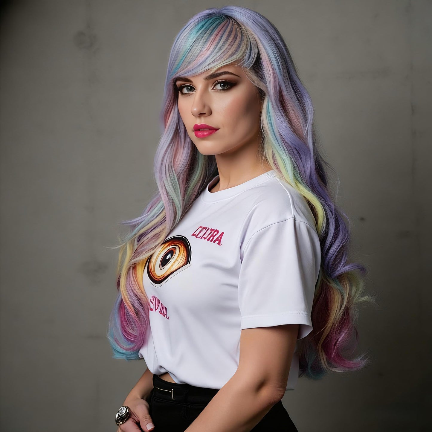 Rugelyss Rainbow Colorful Wigs for Women 26 Inches Long Wavy Fashion Synthetic Full Head Hair Wig with Bangs for Cosplay or Party