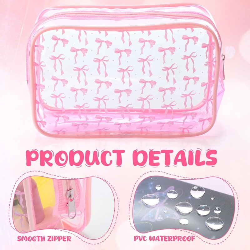12 Pcs Pink Bow Cosmetic Bags - Clear PVC Makeup Pouches for Travel | Perfect Gift for Women