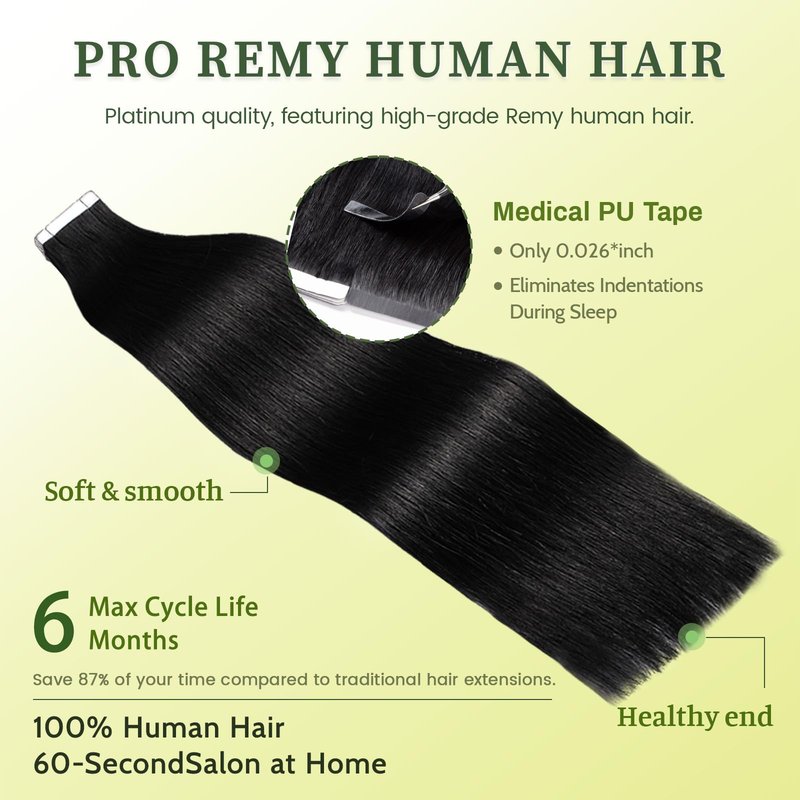 DNE Tape in Hair Extensions Real Human Hair, 14 Inches 20Pcs/50g per Pack Seamless Invisible Double Sided Tape, #1 Jet Black Straight Extensions for Women/Girls