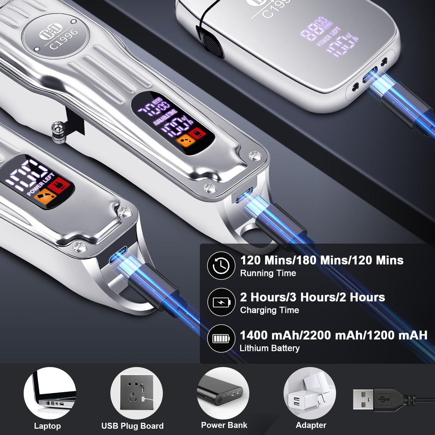 CIICII Hair Clippers for Men Professional, Cordless Barber Clippers for Hair Cutting (12Pcs Rechargeable USB Adjustable LCD Display Hair Beard Grooming Trimming Haircut Kit) for DIY Home Barber Salon