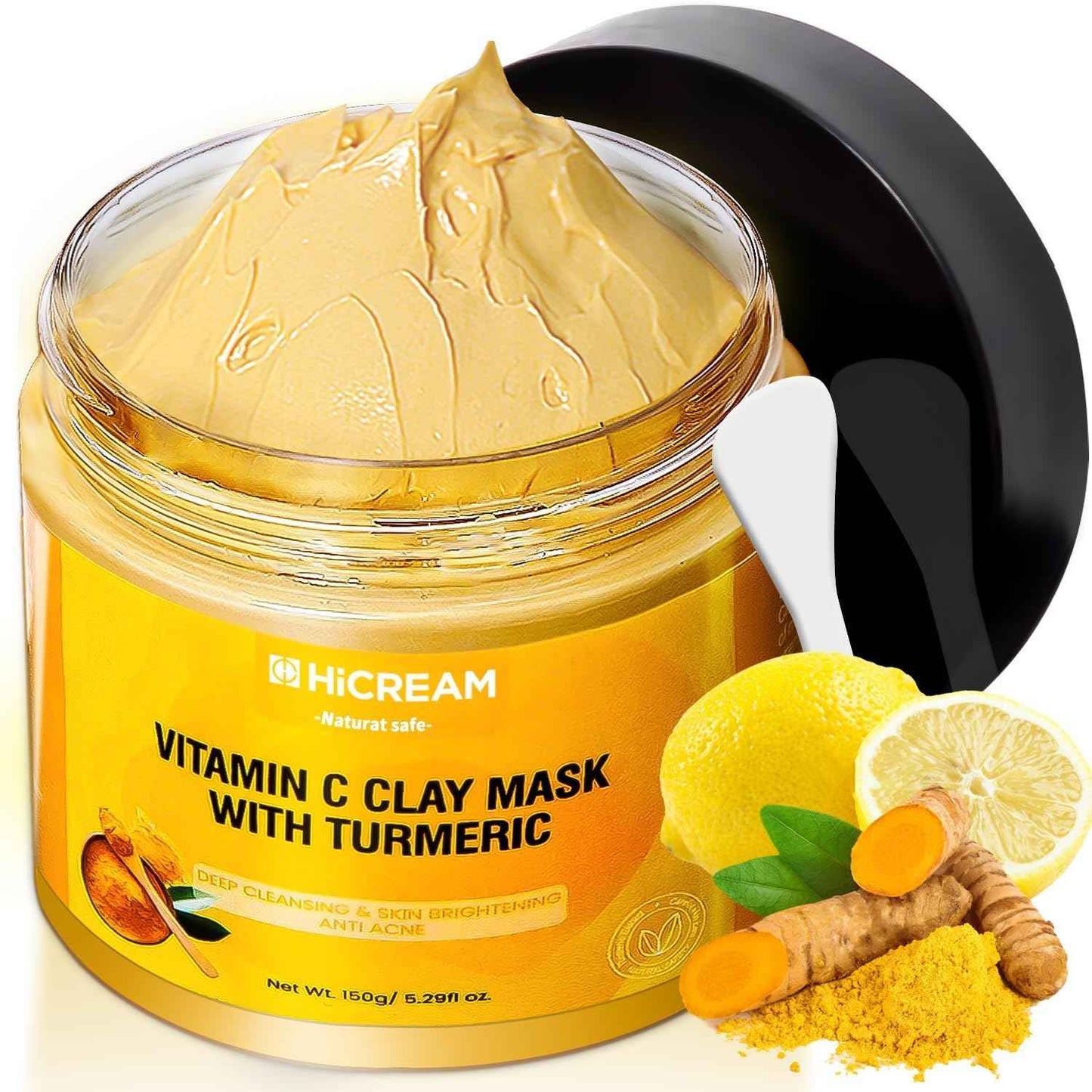 Hicream Turmeric Vitamin C Clay Mask with Kaolin Clay and Turmeric for Dark Spots, Dull Skin, Skincare Facial Mask for Controlling Oil and Refining Pores 5.29 Oz (yellow)