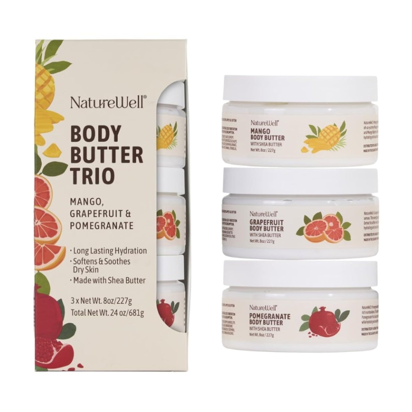 Shea Body Butter Variety Pack - Nourishing Grapefruit, Mango & Pomegranate | 3 x 8 Oz
