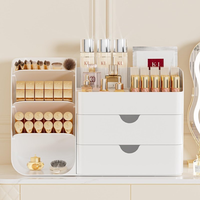 KQJS Makeup Organizer with Drawers, Large Capacity Countertop Organizer for Vanity, Bathroom and Bedroom Desk Cosmetics Organizer, Easy To Storage Skincare, Brushes, Eyeshadow, Lipstick (All White)
