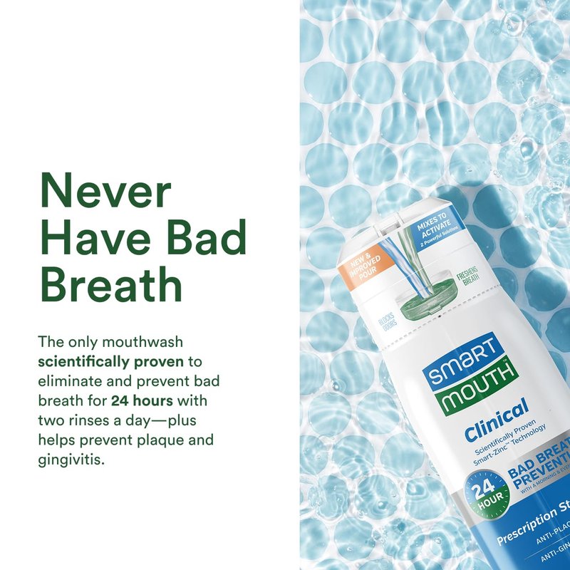 SmartMouth Clinical Zinc Activated Mouthwash - Anti-Plaque & Anti-Gingivitis for Healthy Gum Support - All-Day Fresh Breath - Alcohol-Free, Sugar-Free, & Gluten-Free - Clean Mint - 32 fl oz