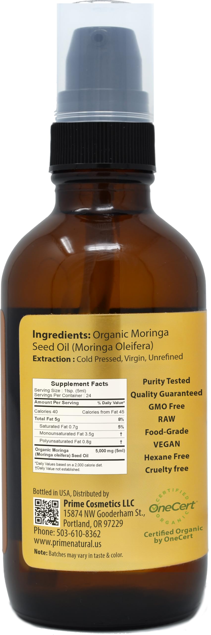 PRIME NATURAL Organic Moringa Oil USDA Certified, 100% Pure, Cold Pressed, Virgin, Unrefined Oil (4oz /120ml) - Moringa Dietary Supplement - Energy, Joints, Skin, Face, Body, Hair, Vegan, Food Grade