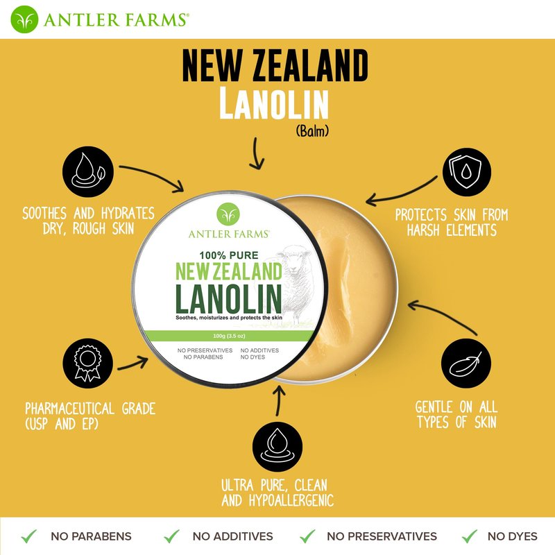 Antler Farms - 100% Pure New Zealand Lanolin, 100g, Skin Moisturizer and Protectant, Refined USP Grade Balm Lanolin Nipple Cream, Lip Balm