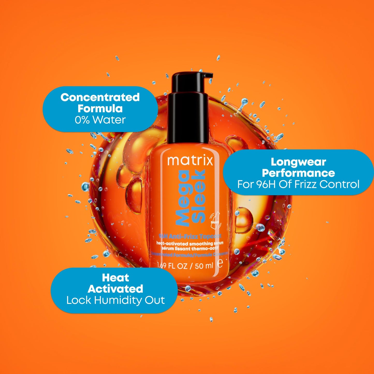 Matrix Mega Sleek 96H Anti-Frizz Topcoat Serum - Humidity Resistant Heat Protection, For Frizzy Hair & All Hair Types, Anti-Frizz Hair Care, Shine Serum
