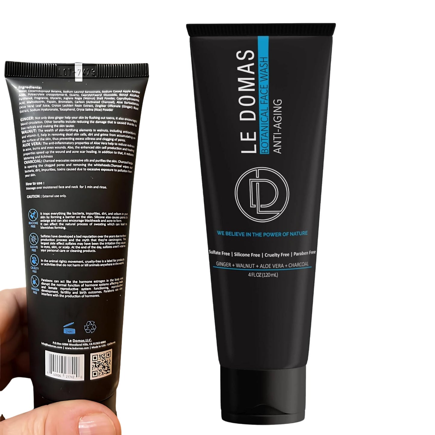 LE DOMAS Botanical Face Wash with Ginger, Walnut, Aloe Vera & Charcoal – Hydrating Facial Cleanser for Men & Women – Sulfate Free, Gentle Skin Care Products & Face Wash for All Skin Types, 4 fl oz