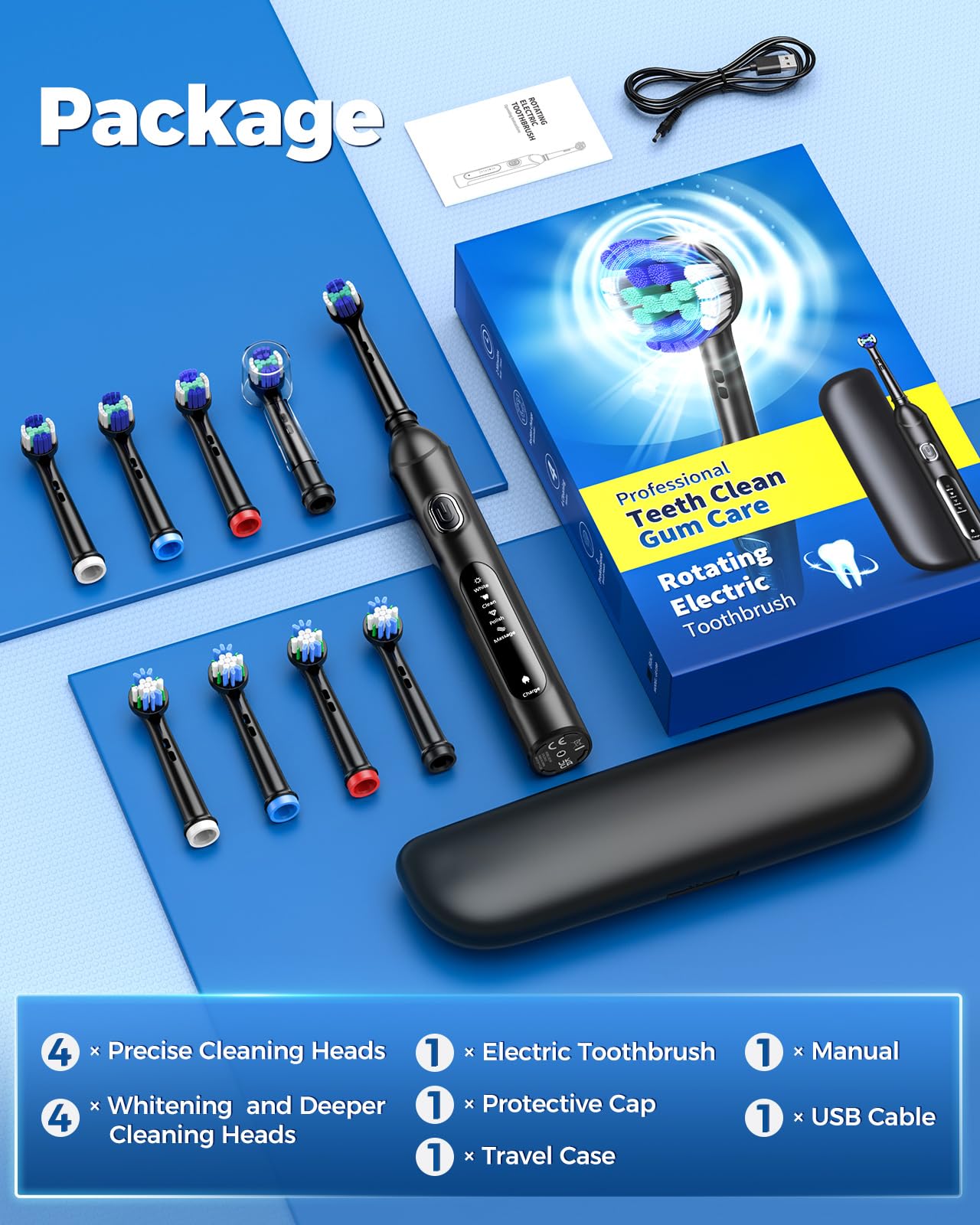 TEETHEORY Rotating Electric Toothbrush for Adults with 8 Brush Heads (2 Types), 4 Modes Deep Clean Electric Toothbrush with Rechargeable Power and 2 Min Smart Timer Grayish