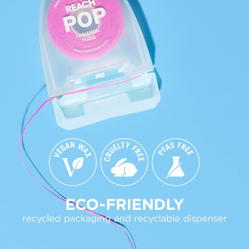 REACH POP Dental Floss, Cinnamon, Plaque Remover for Teeth, Shred Resistant, Vegan Wax, Cruelty Free, Eco Friendly Packaging, Oral Care, PFAS Free, for Adults & Kids, 3 Pack, 54.6 yd