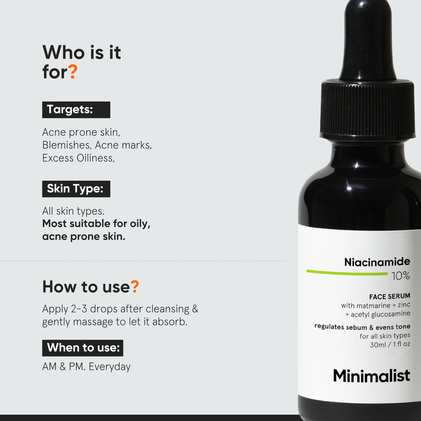 Minimalist 10% Niacinamide Face Serum for Enlarged Pores, Acne & Excess Oil | Reduces Blemishes for Even Skin Tone | For Women & Men | 1 Fl Oz / 30 ml