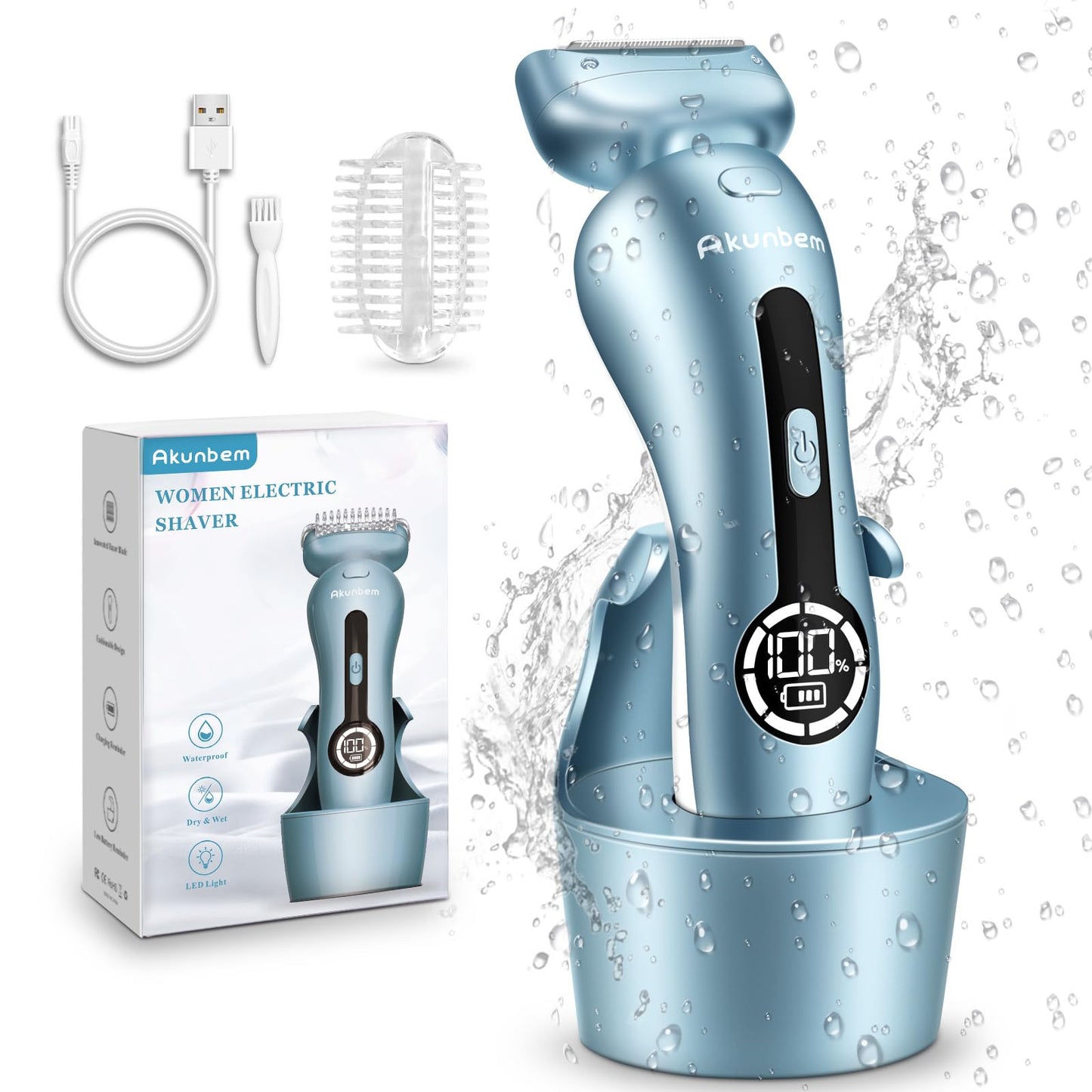 Electric Razors for Women for Legs Bikini Trimmer Electric Shaver for Women Underarm Public Hairs Rechargeable Womens Shaver Wet Dry Use Painless Cordless with Detachable Head (Blue)