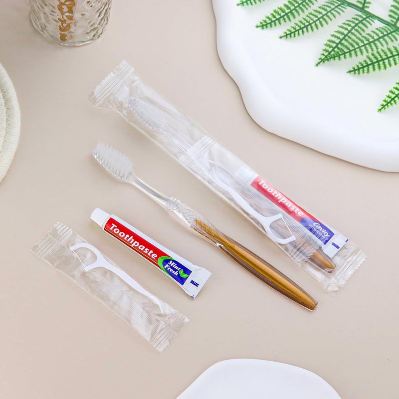 Disposable Toothbrushes with Toothpaste & Floss | 100-Pack Individually Wrapped Dental Kits for Travel & Hospitality