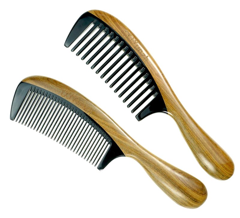 YunZh Wide Tooth Comb and Fine Tooth Combs,Sandalwood Buffalo Ox Horn Wooden Hair Comb for Women Men(2PCS)
