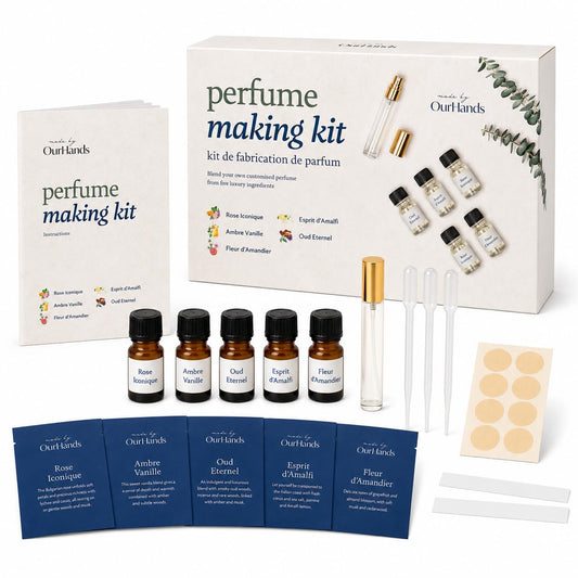OurHands Perfume Making Kit Create Your Own Signature Perfume with 5 Premium Fragrance Oils, Perfumer’s Alcohol, Reusable Glass Atomiser, and Custom Naming Stickers